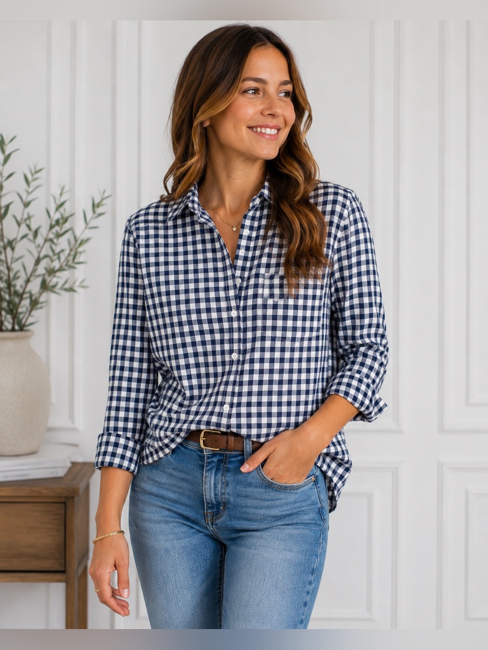J. Crew Navy and White Gingham Button-Down Shirt Size 12T
